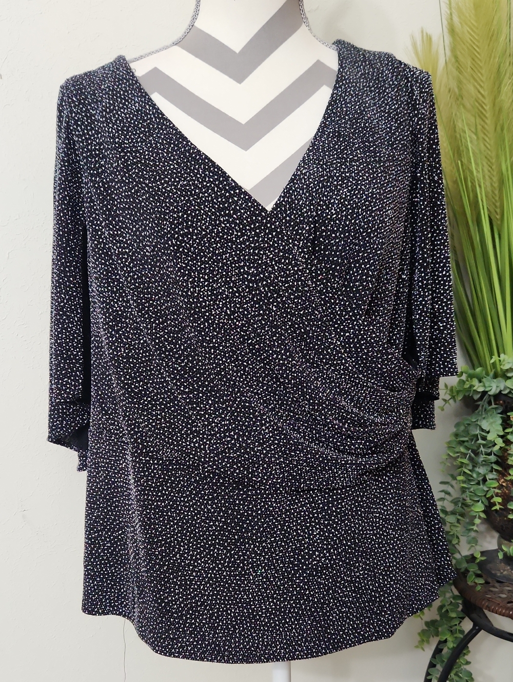 Alex Evenings Black Dotted V-Neck Wrap Women’s Blouse